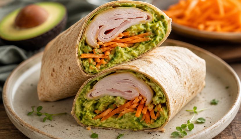 Mini wraps de tortilla integral rellenos con pechuga de pavo Winter, palta y bastones de zanahoria